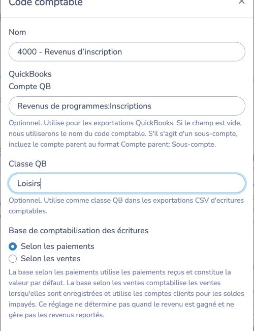 Associer un code comptable à un compte et à une classe QuickBooks