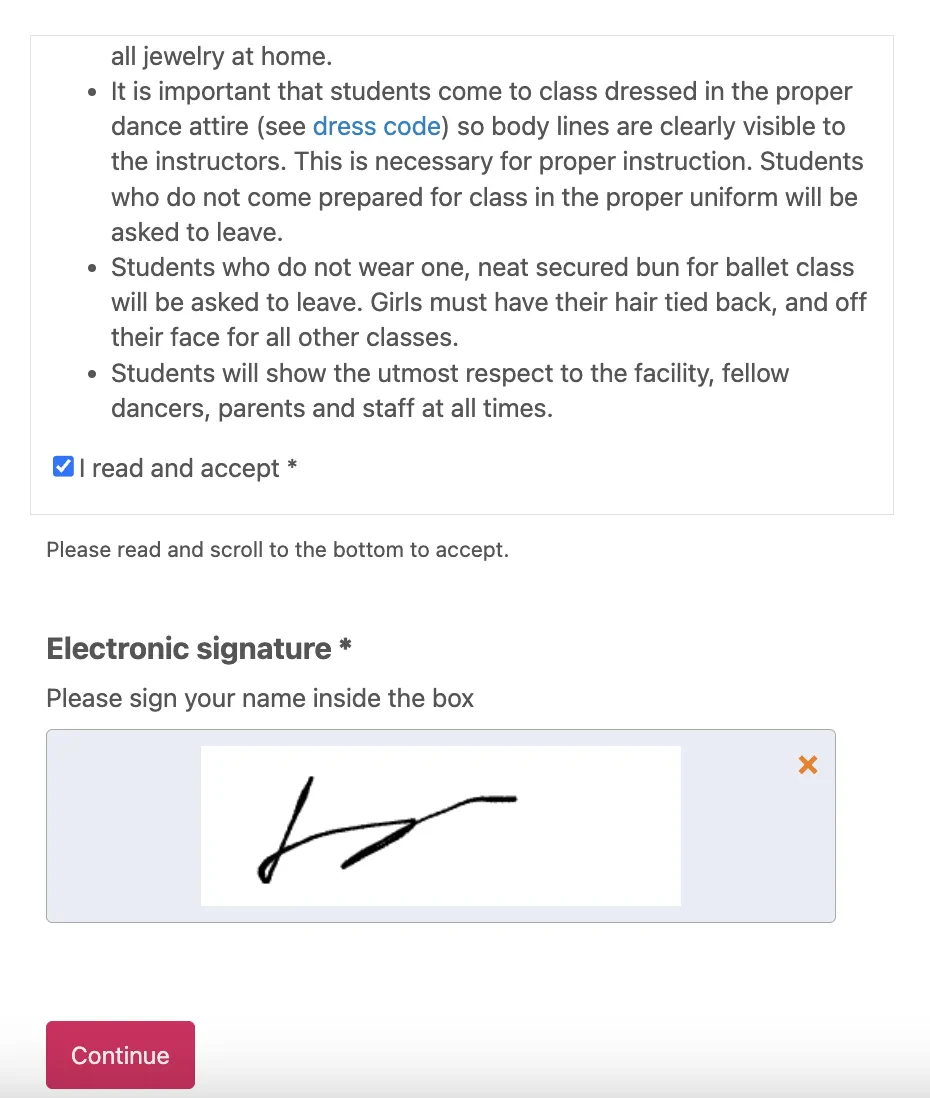 Dance Studio digital waiver