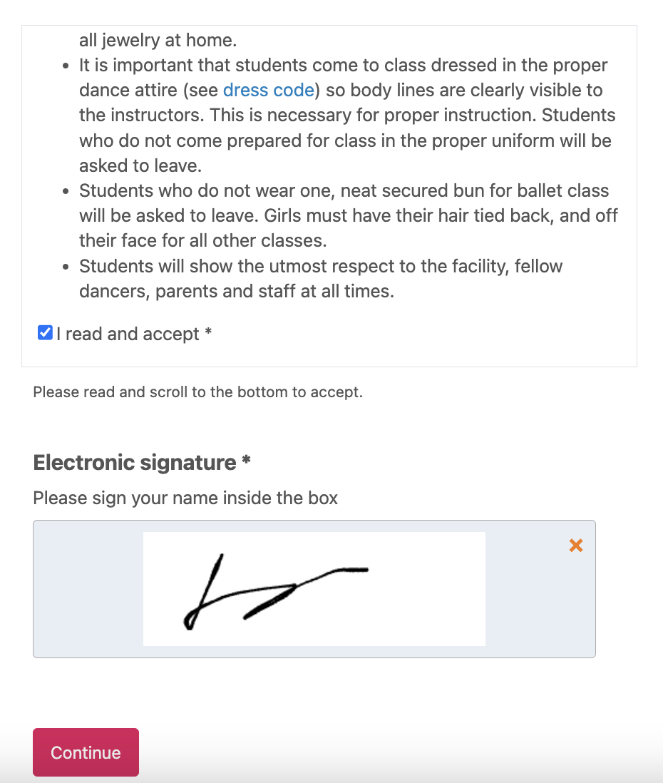 Dance Studio digital waiver