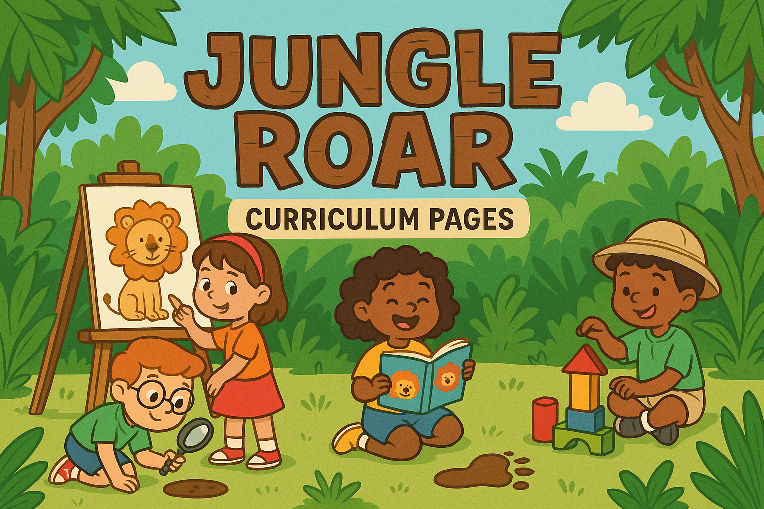 Kids doing activities in Jungle Text "Jungle Roar Curriculum Pages"