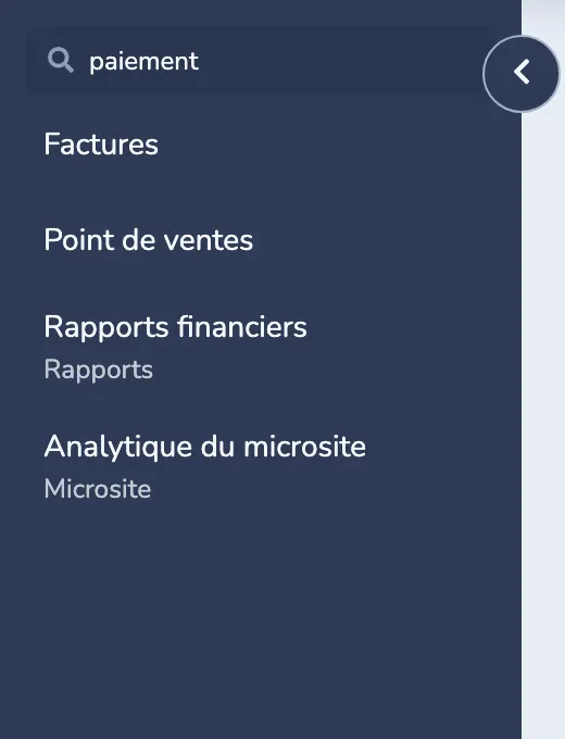 Recherche de fonctionnalités avec le mot paiement et les destinations accessibles correspondantes