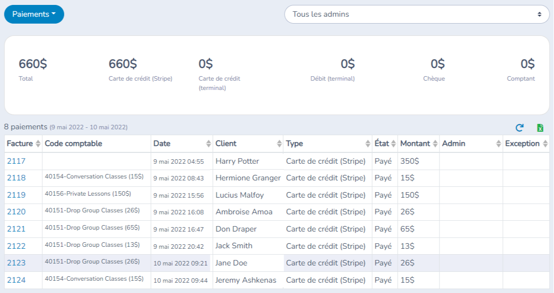 Rapport de paiements par code comptable
