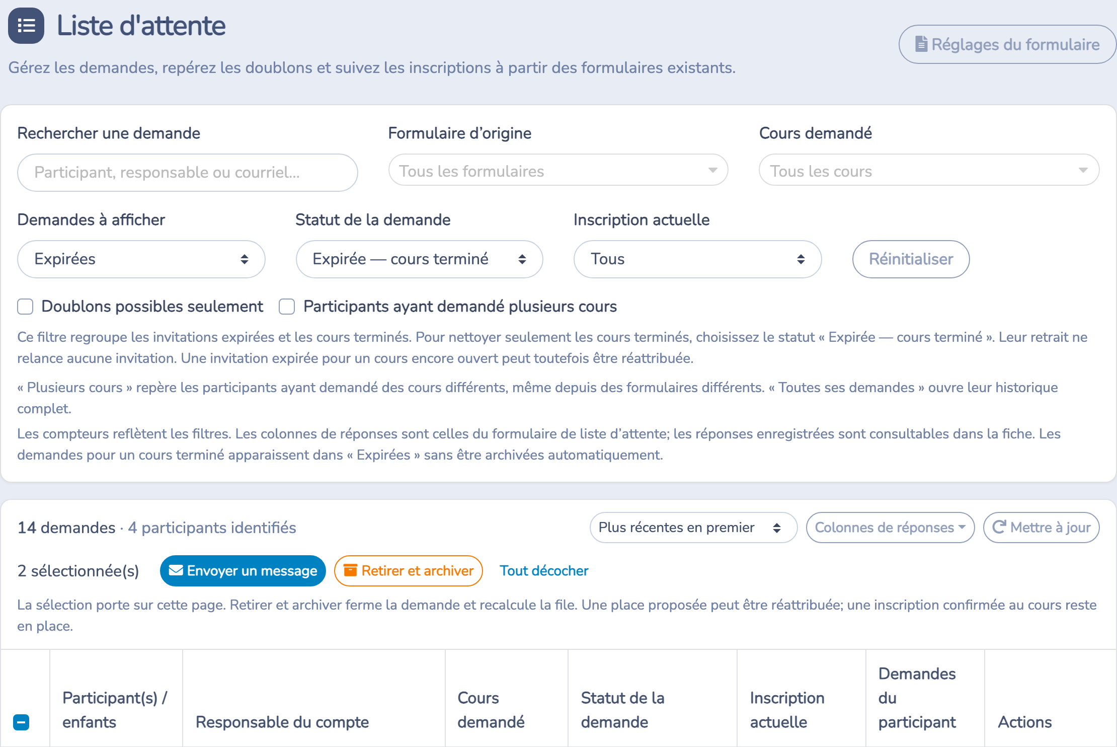 Demandes de cours terminés filtrées et sélectionnées avant archivage