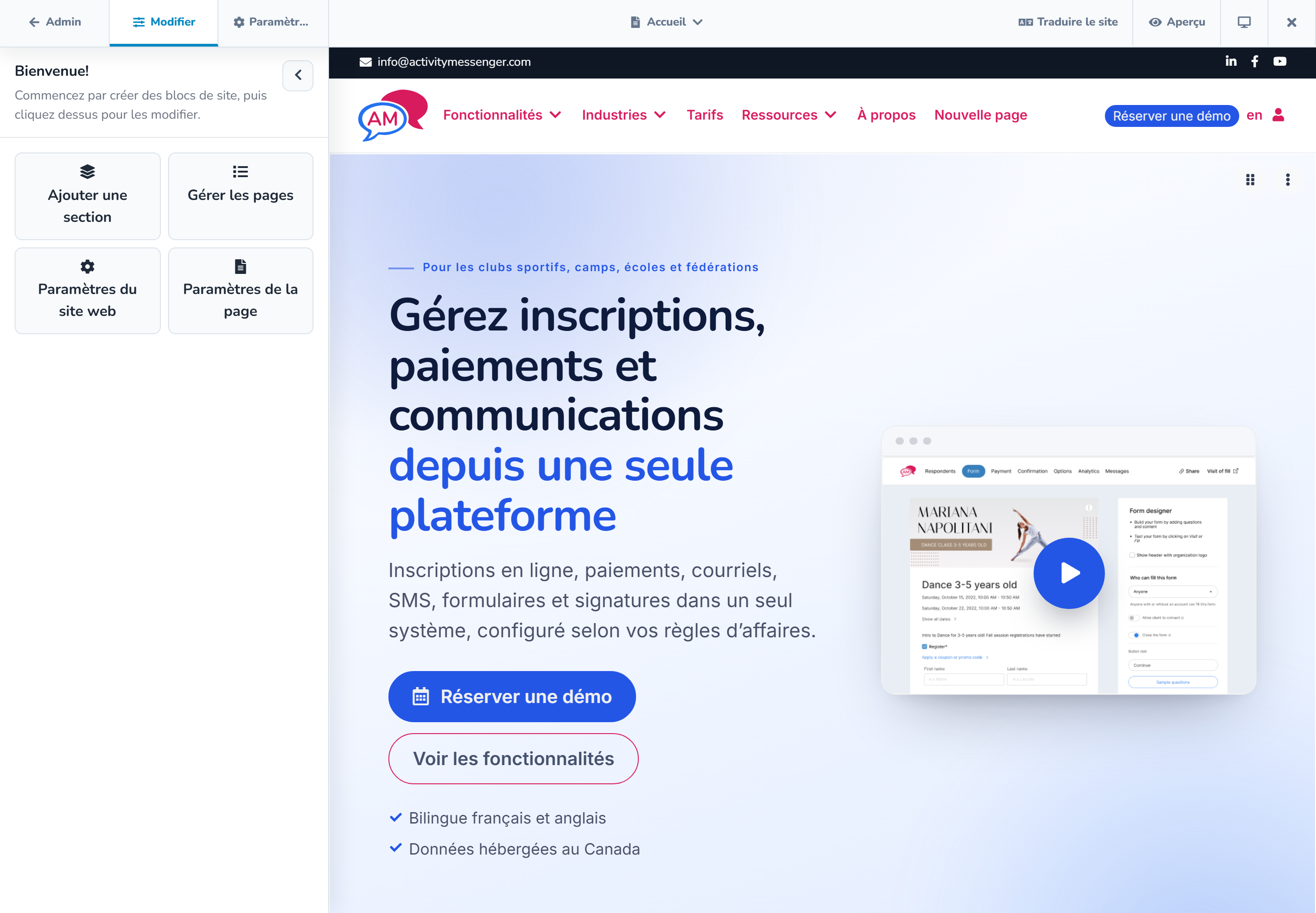 Créateur de site Web avec l'inspecteur, la page et la barre d'outils