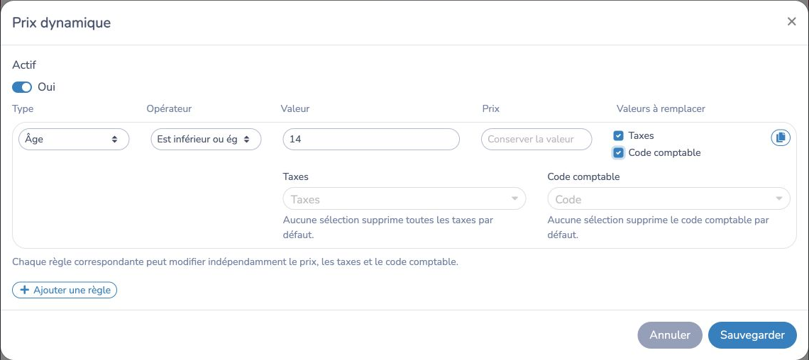 Règle de cours selon l'âge qui supprime les taxes et le code comptable tout en conservant le prix habituel
