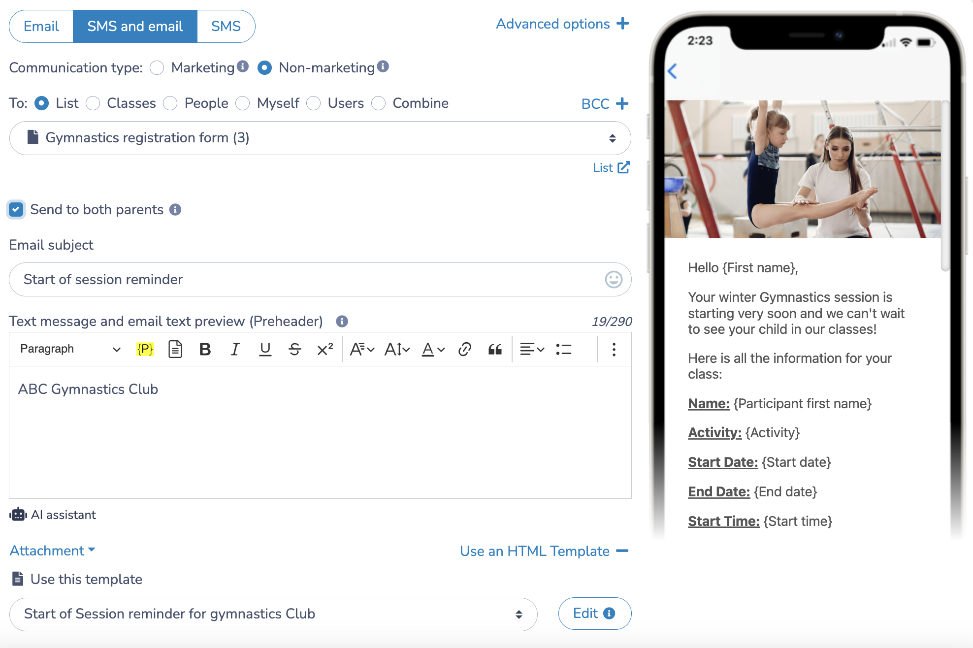 How to send a reminder by email and/or SMS