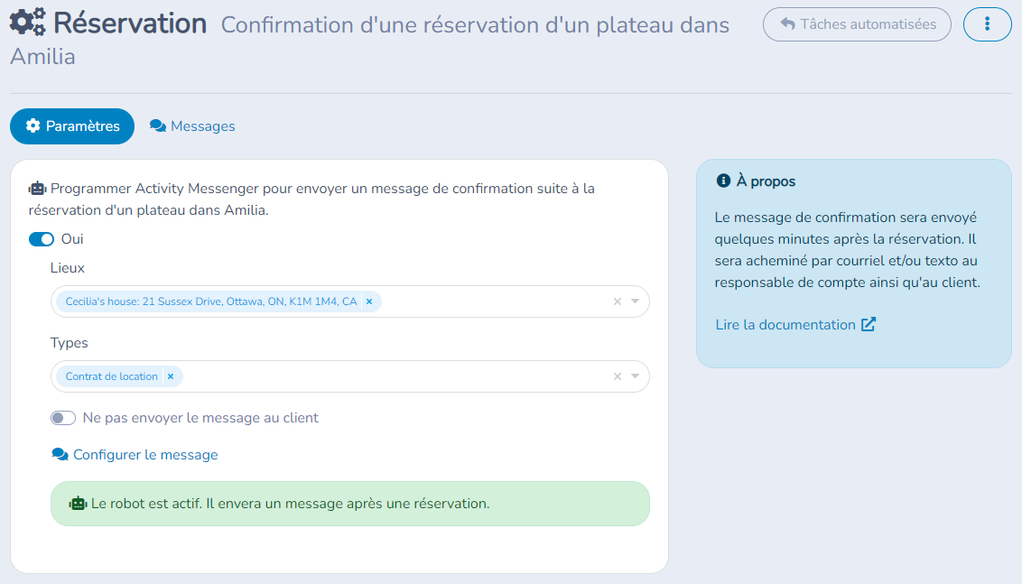 Envoyer un courriel/SMS de confirmation suite à la réservation d'un plateau dans Amilia — illustration