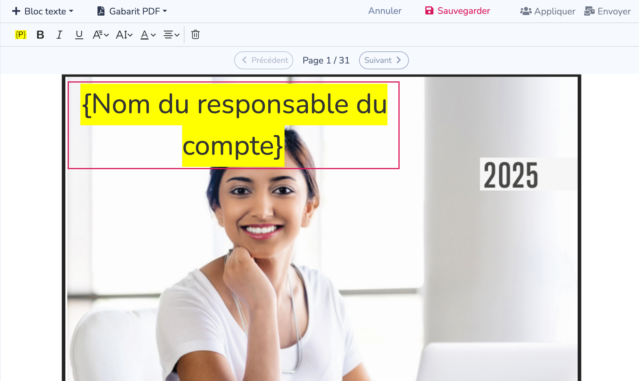 Parcourir les pages et positionner un champ de fusion dans l'éditeur PDF multipage
