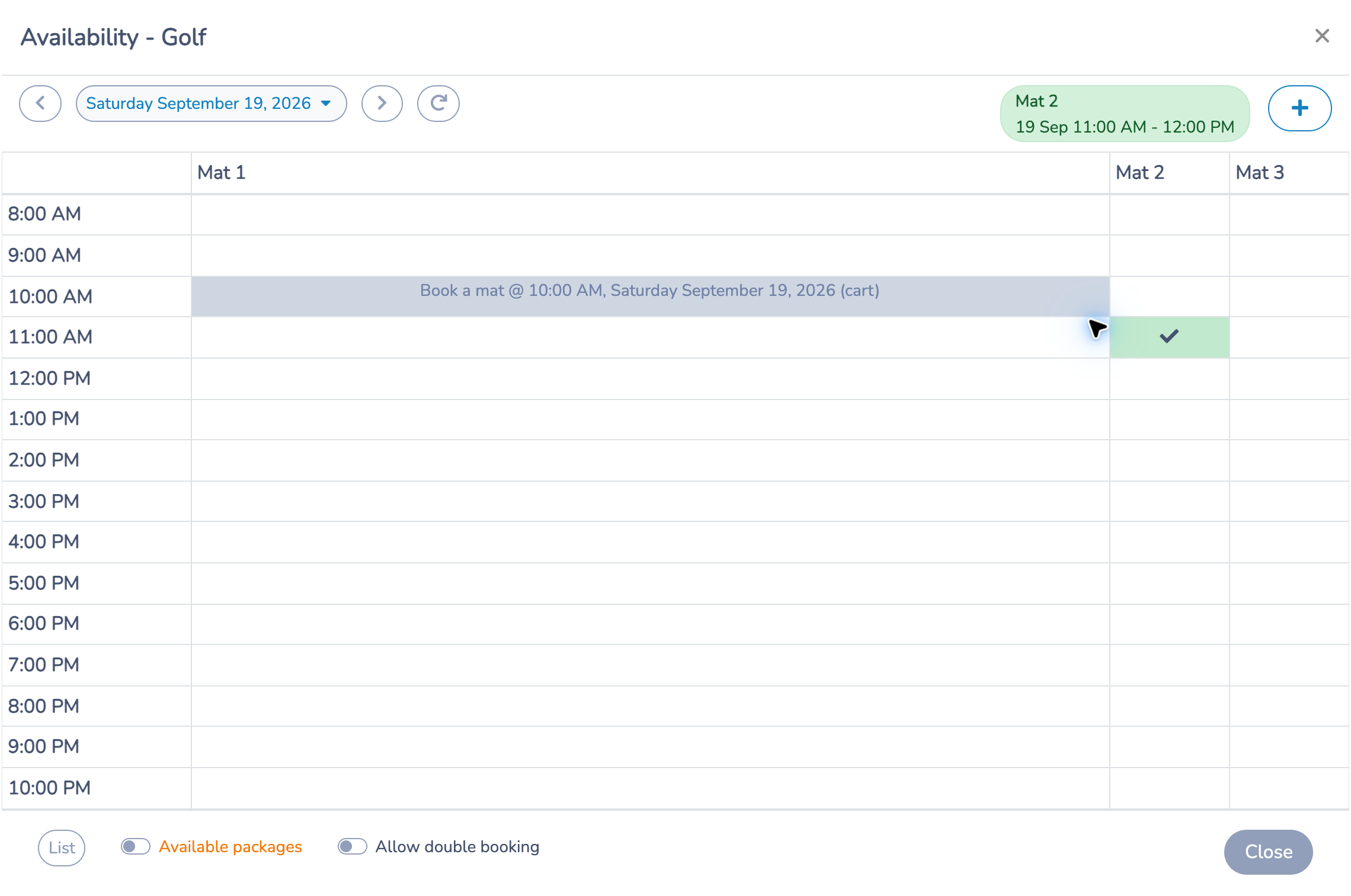 Availability modal with Mat 2 selected from 11 a.m. to noon and the plus button for creating a booking