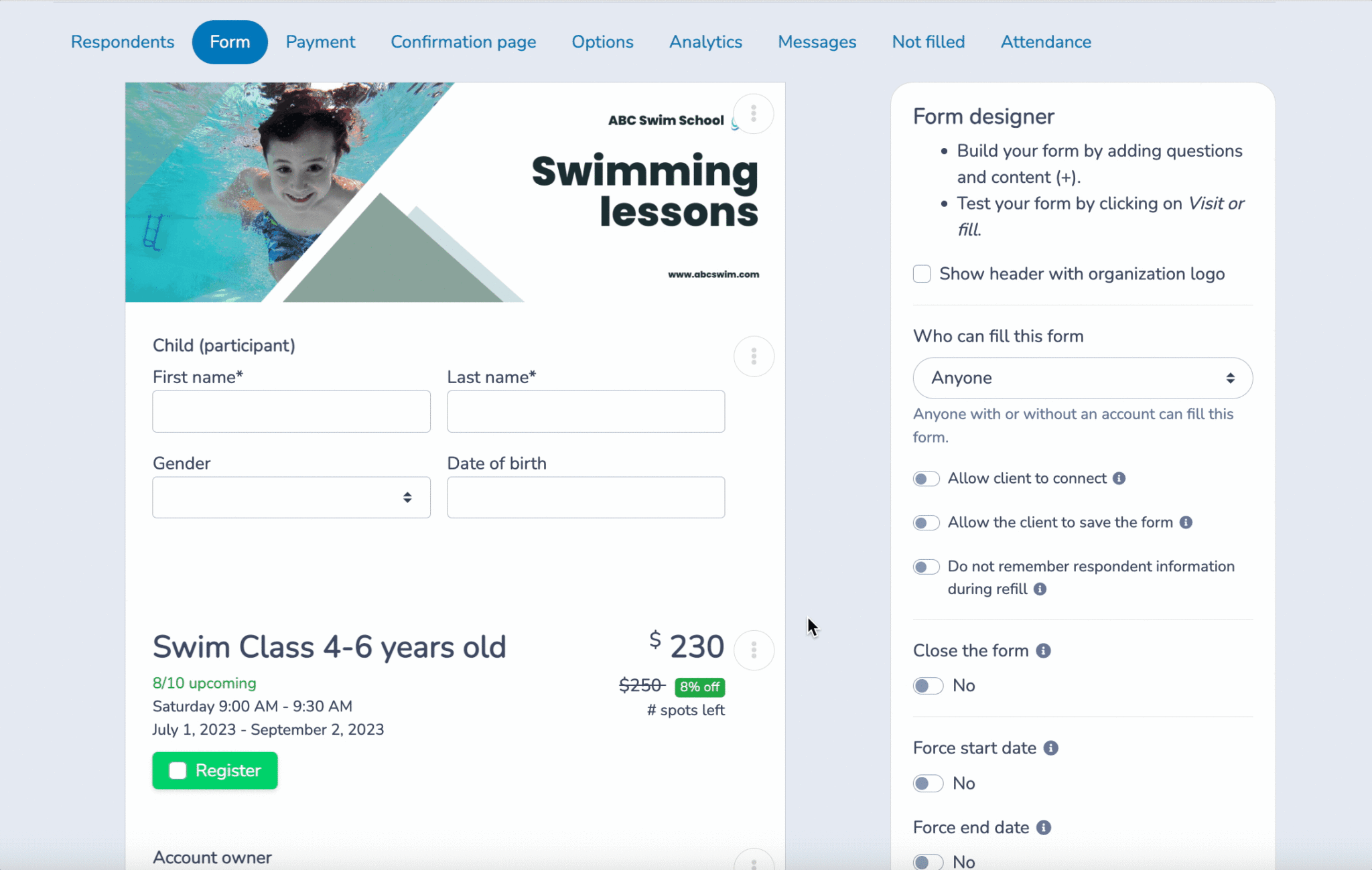 Swim School Marketing Ideas: swim registration form