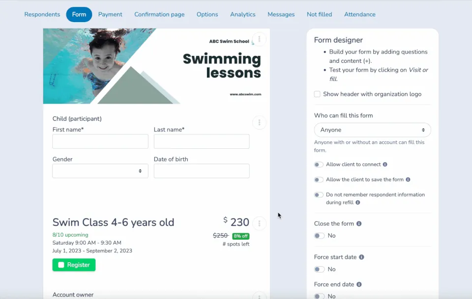 Swim School Marketing Ideas: swim registration form