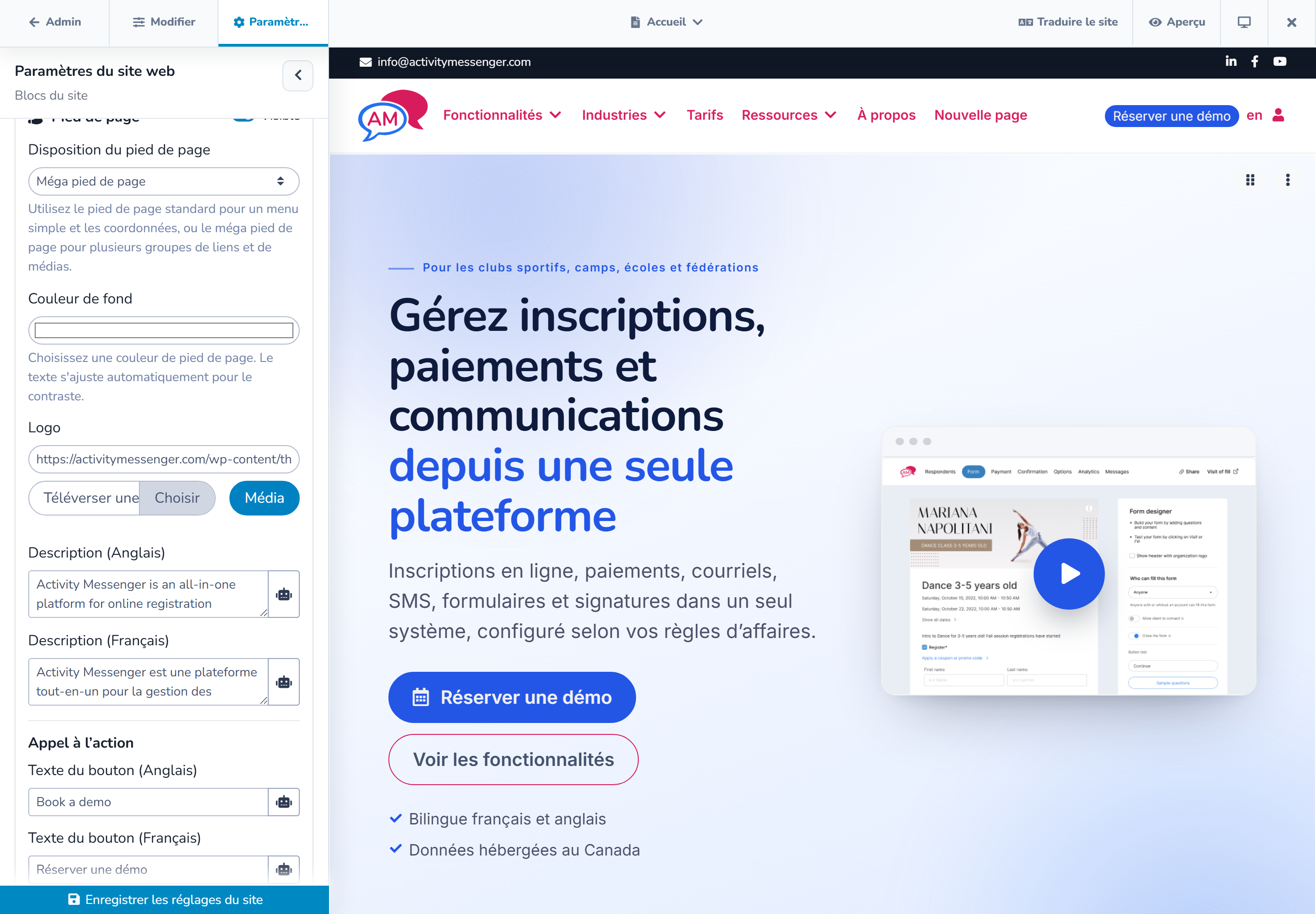 Paramètres du pied de page pour la marque, les descriptions, les appels à l'action et les liens
