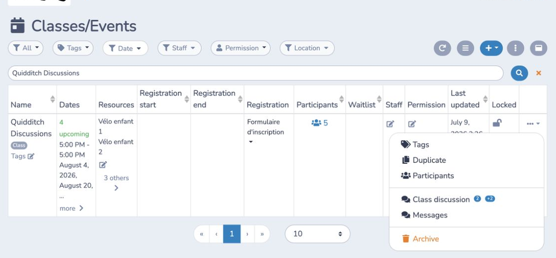 Open a class discussion from the class action menu