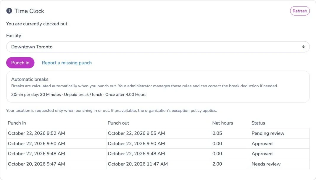 Staff Time Clock card before punching in, with facility selection, the Punch in button, missing-punch link and recent sessions