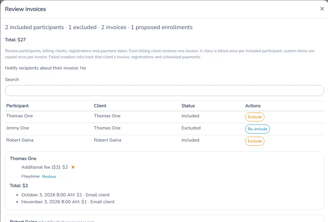 Client card with a removed class line and Restore, plus the installment dates. The email address is hidden.