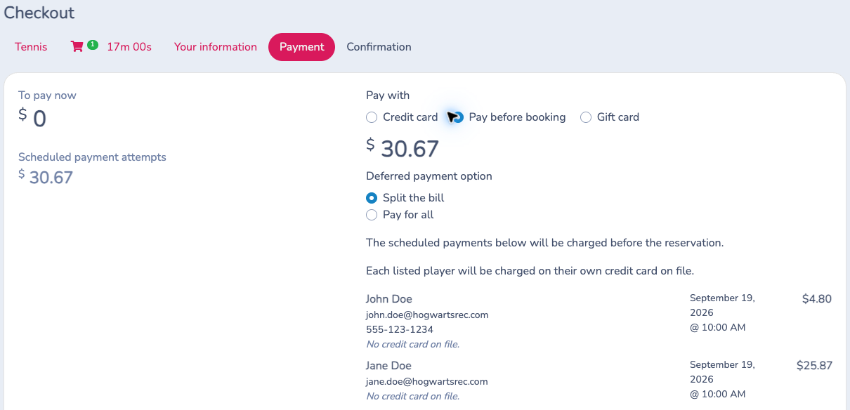 Payment page with Pay before booking and Split the bill selected, assigning $4.80 to John Doe and $25.87 to Jane Doe.