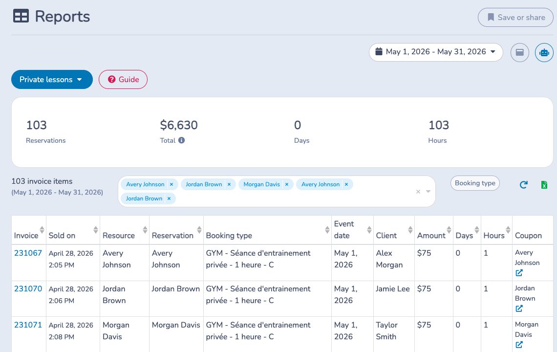 Review booked private lessons, scheduled hours and client billing by coach