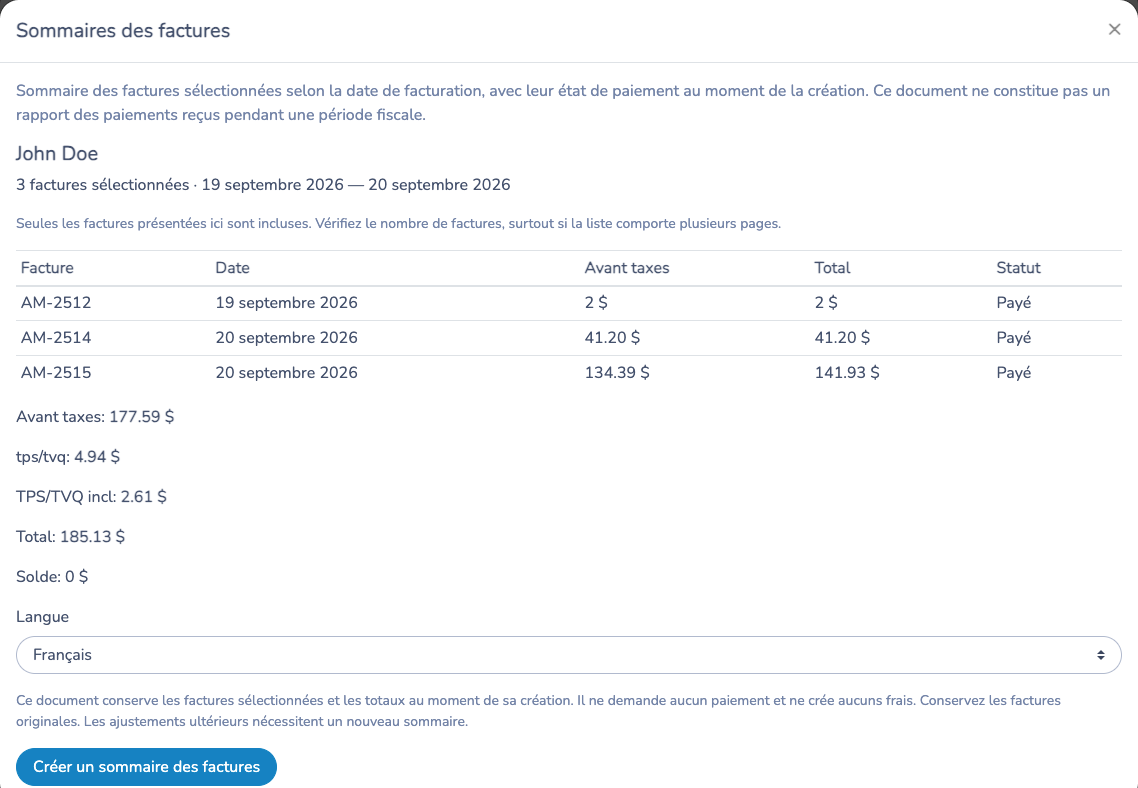 Aperçu du sommaire avec trois factures payées, les taxes séparées et un solde nul