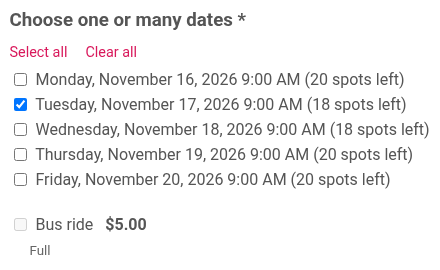 Tuesday, November 17 selected, with Bus ride $5.00 greyed out and Full underneath