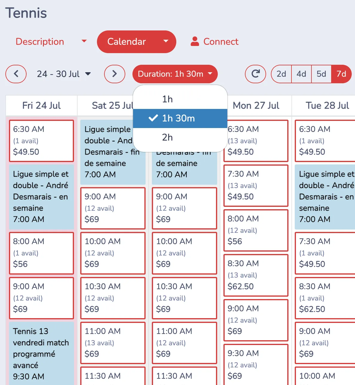 Tennis Booking Calendar - durations