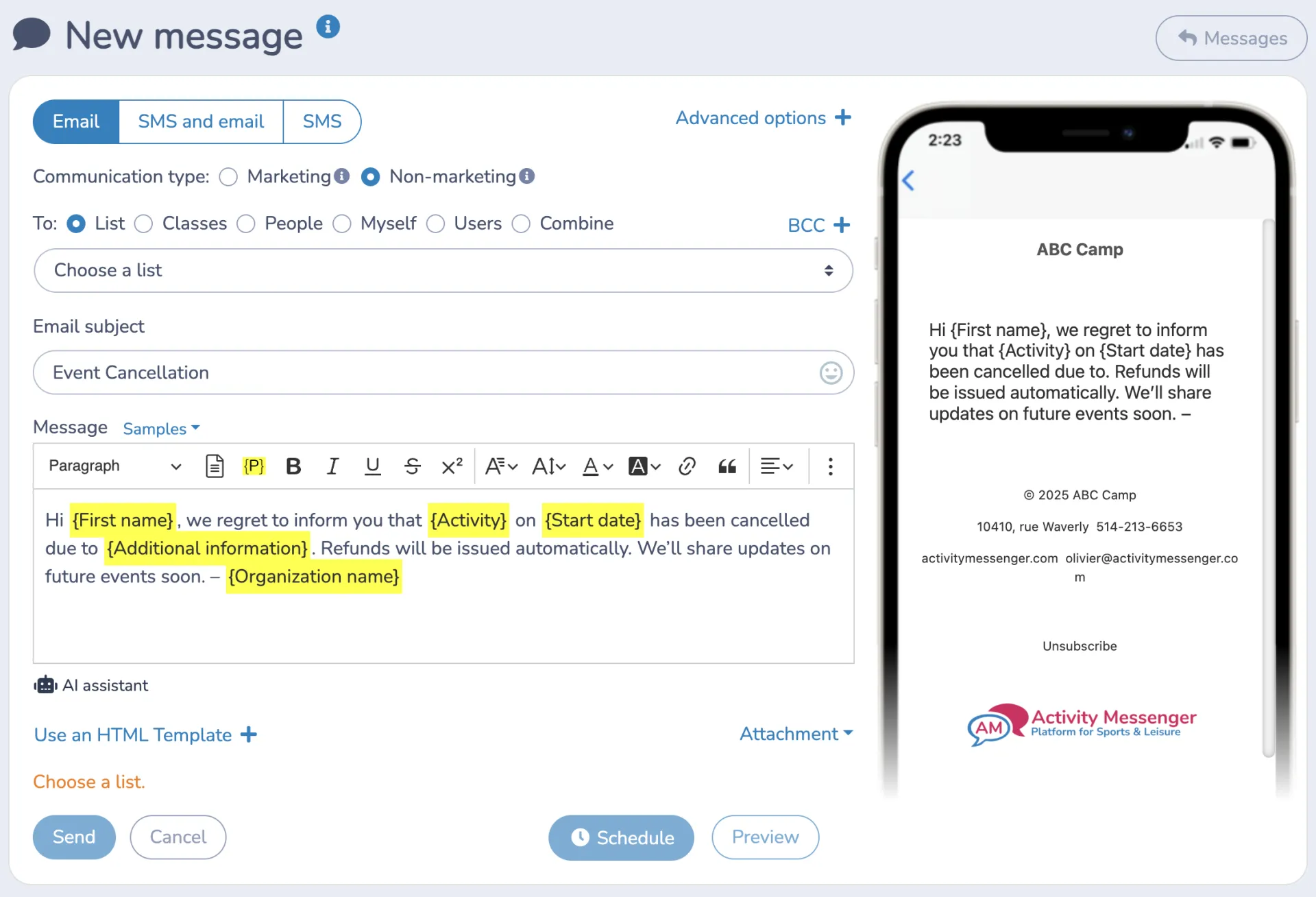 An example of using Activity Messenger to send out a mass SMS to cancel an event