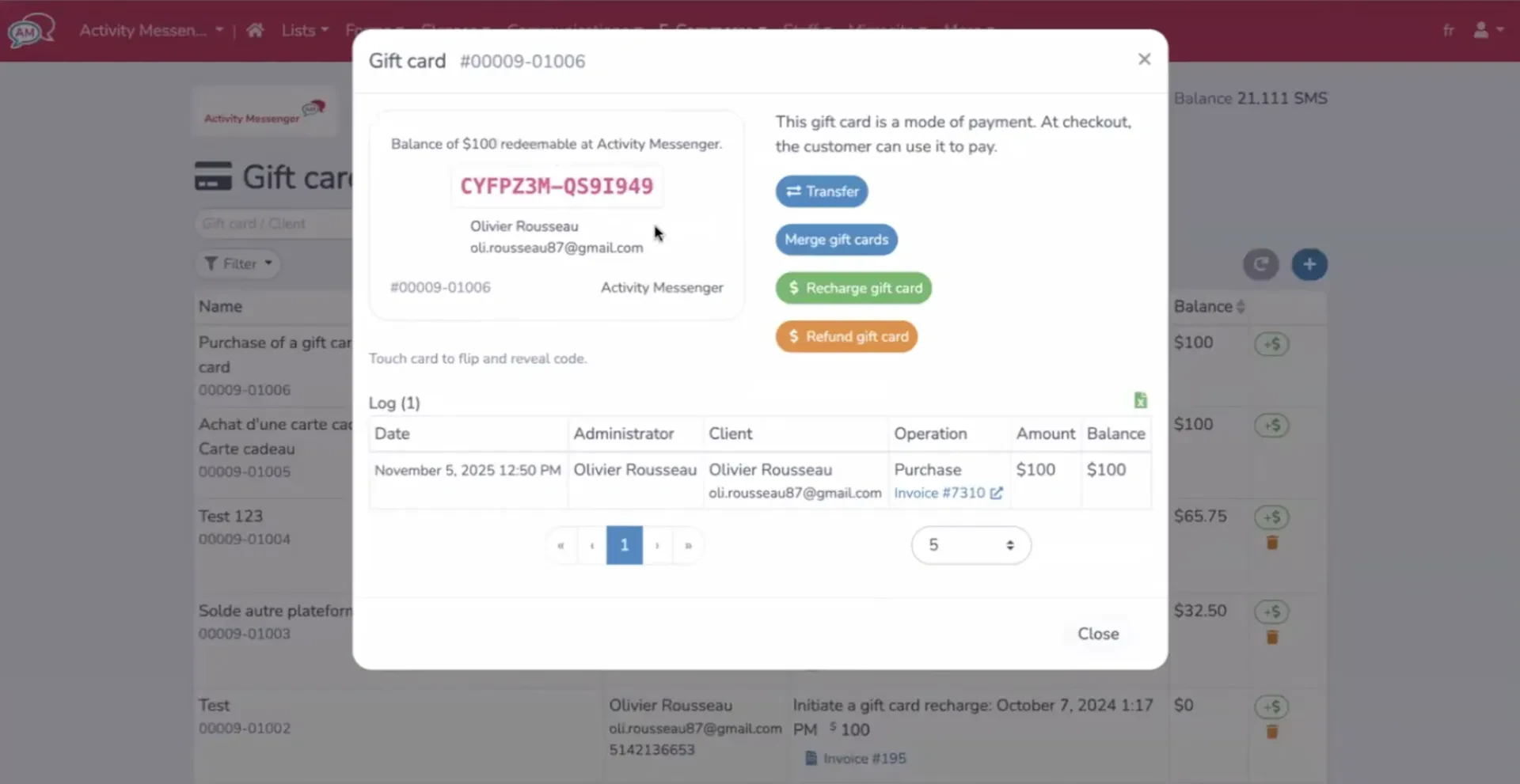 How to offer activity gift cards in Activity Messenger.