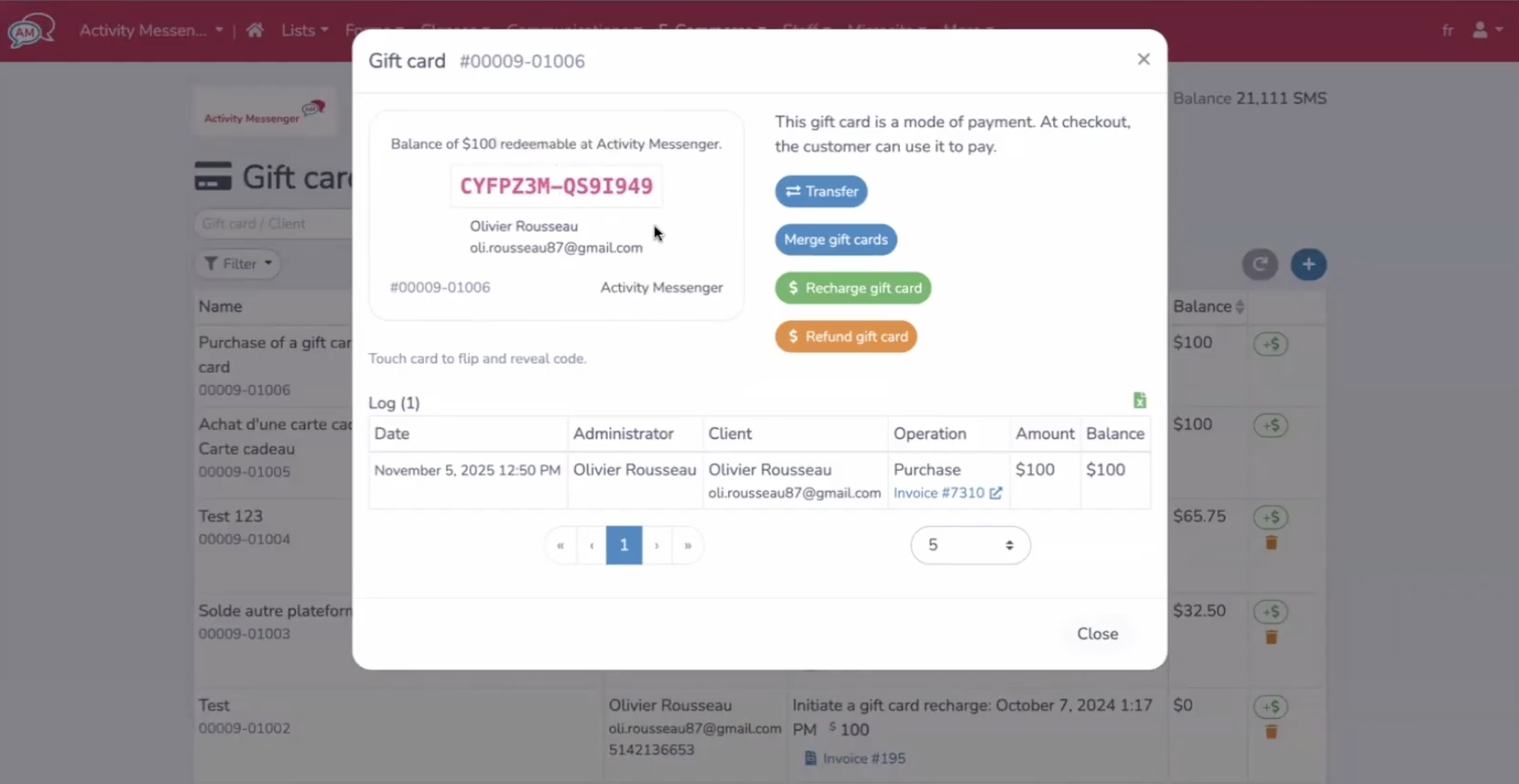 How to offer activity gift cards in Activity Messenger.