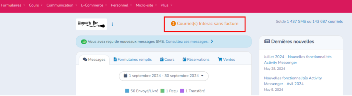 Courriel Interac sans facture — capture d’écran