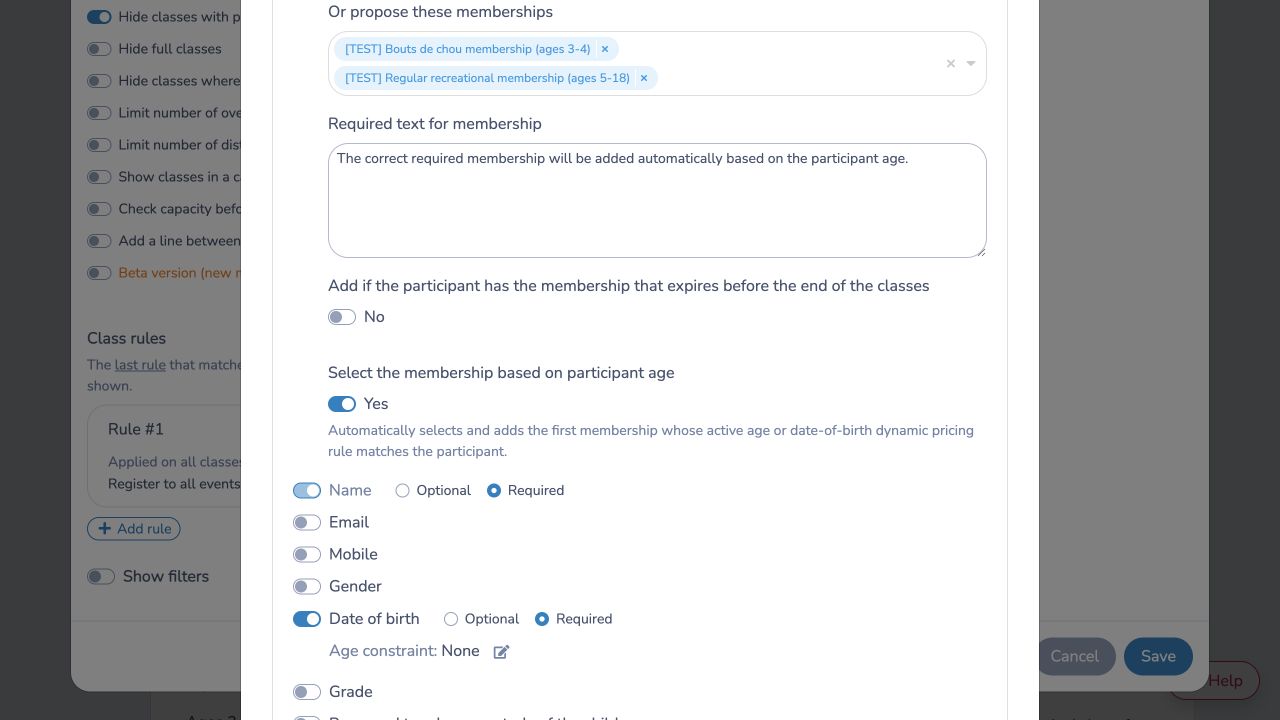 Select the candidate memberships, enable automatic age selection, and require date of birth