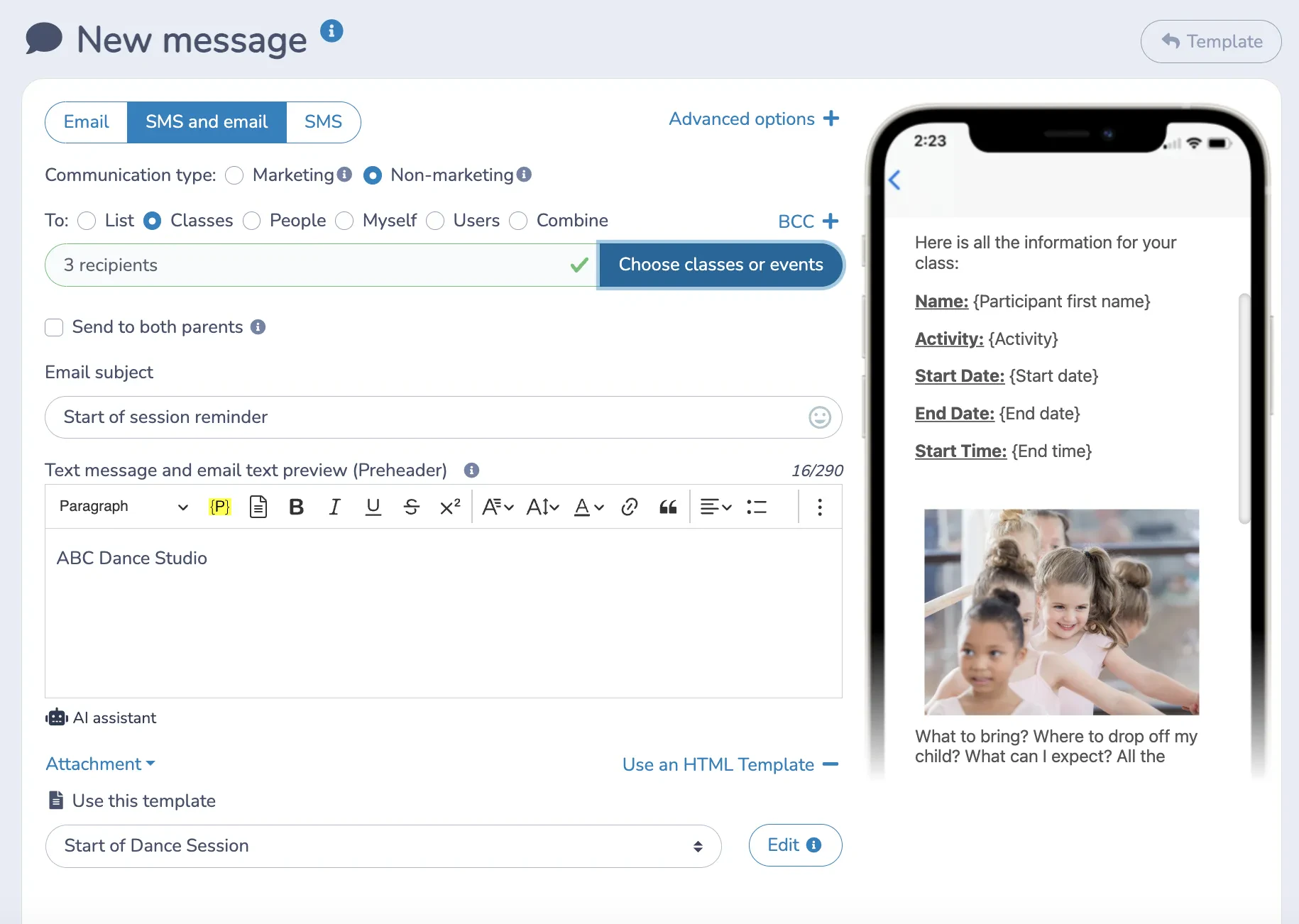 Send Start of Session Reminder by Email or SMS