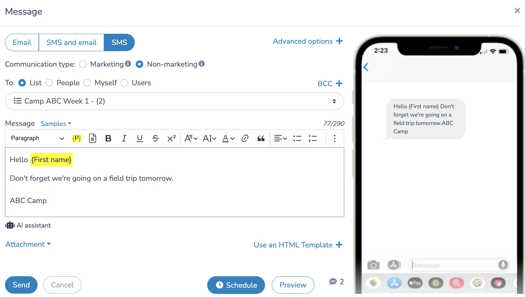 Mass texting for camps: Send bulk SMS from your Activity Messenger camp attendant list