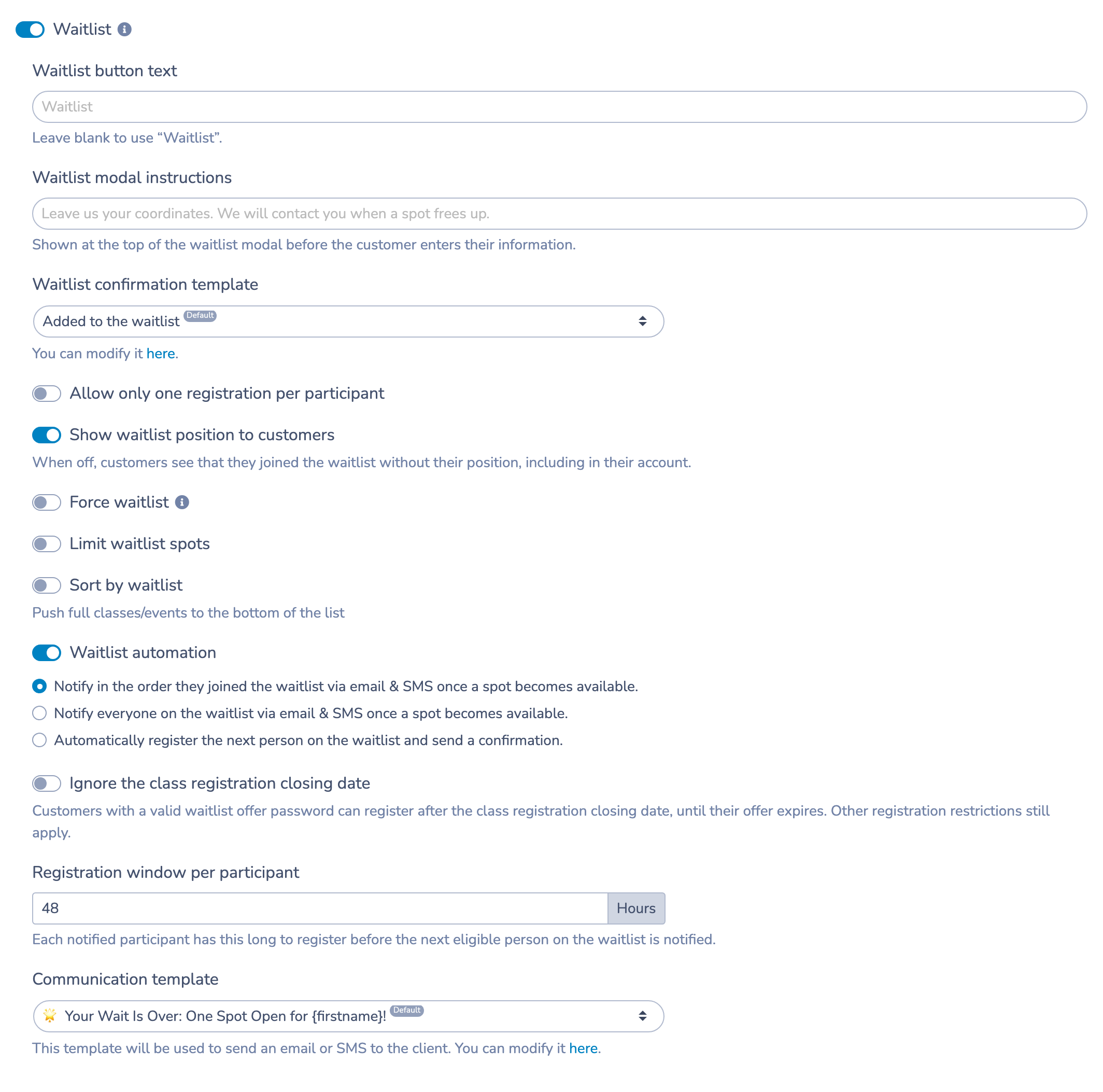 Class-block waitlist settings with invitation options