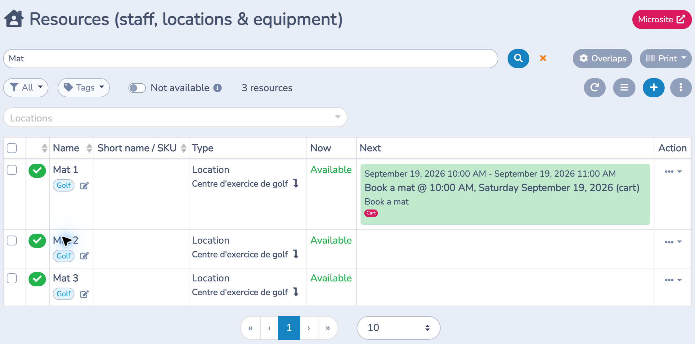 Resources filtered to Mat 1, Mat 2 and Mat 3, with the Golf tag and current and upcoming availability