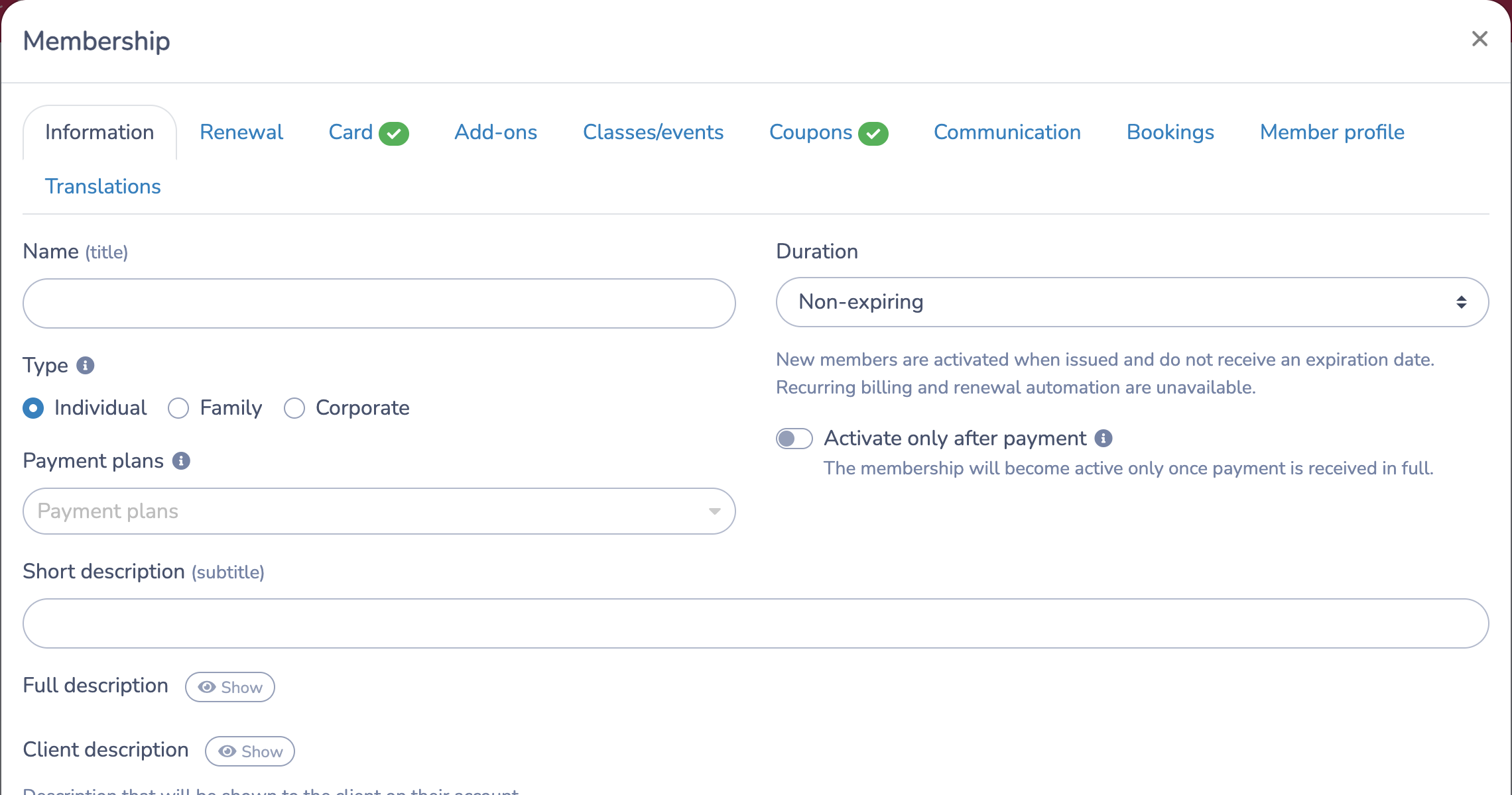 The Coupon pass preset selects a non-expiring membership and enables Card and Coupons