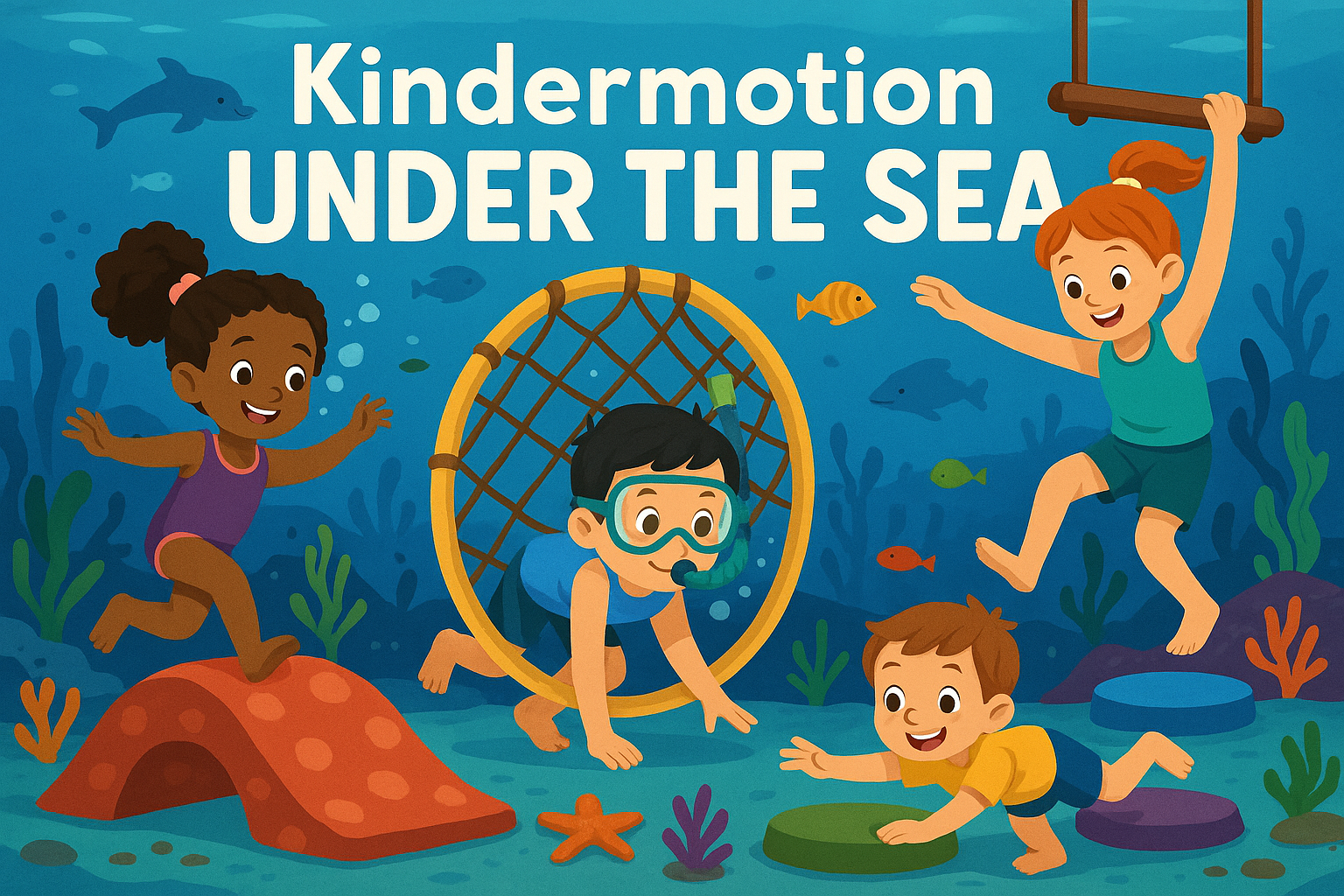 Kids doing obstacles under the sea text "Kindermotion Under the Sea"