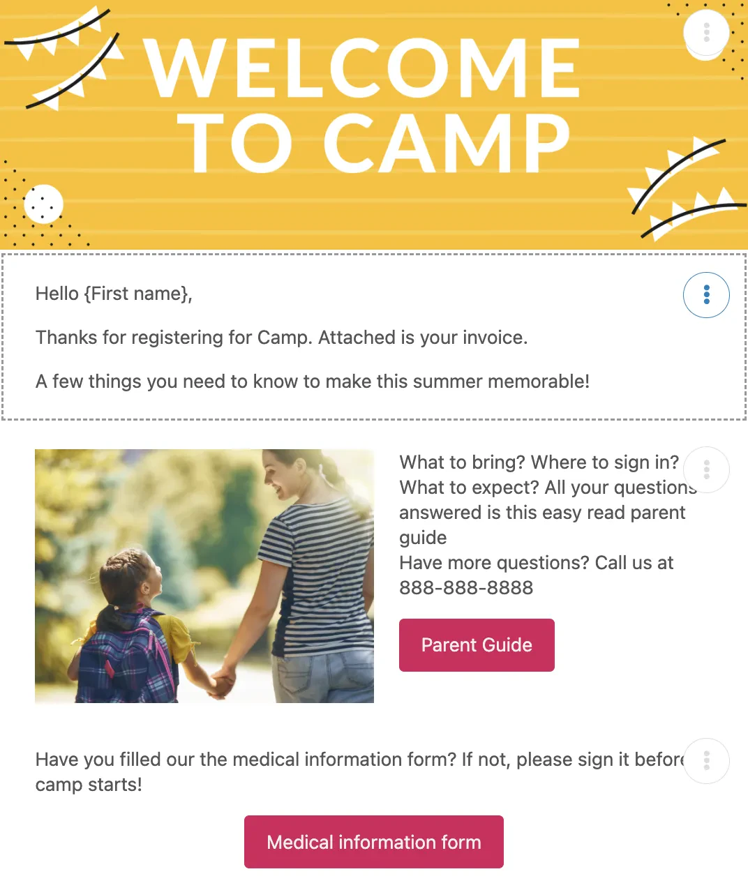 Example confirmation email after filling out a summer camp registration form online