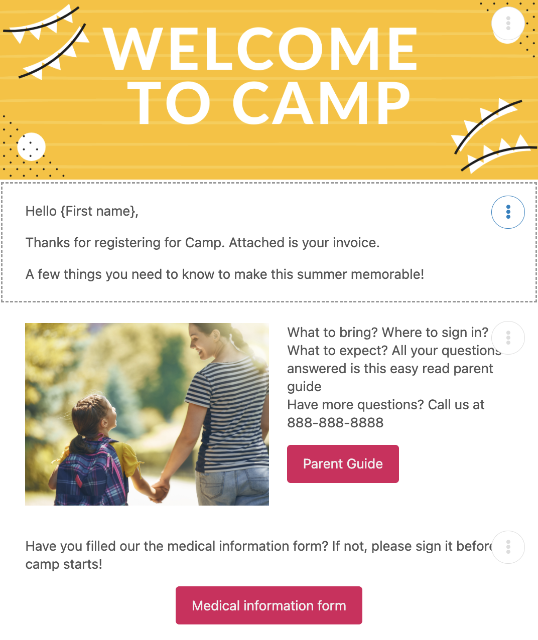 Example confirmation email after filling out a summer camp registration form online