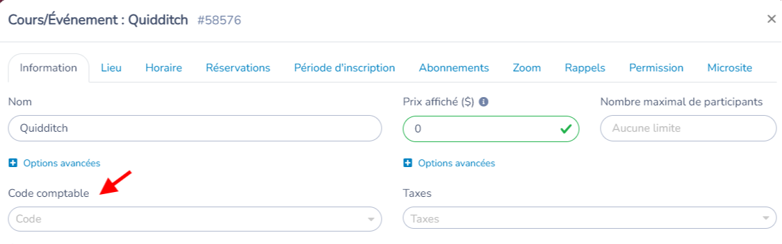 Réglages d’un cours avec le champ Code comptable