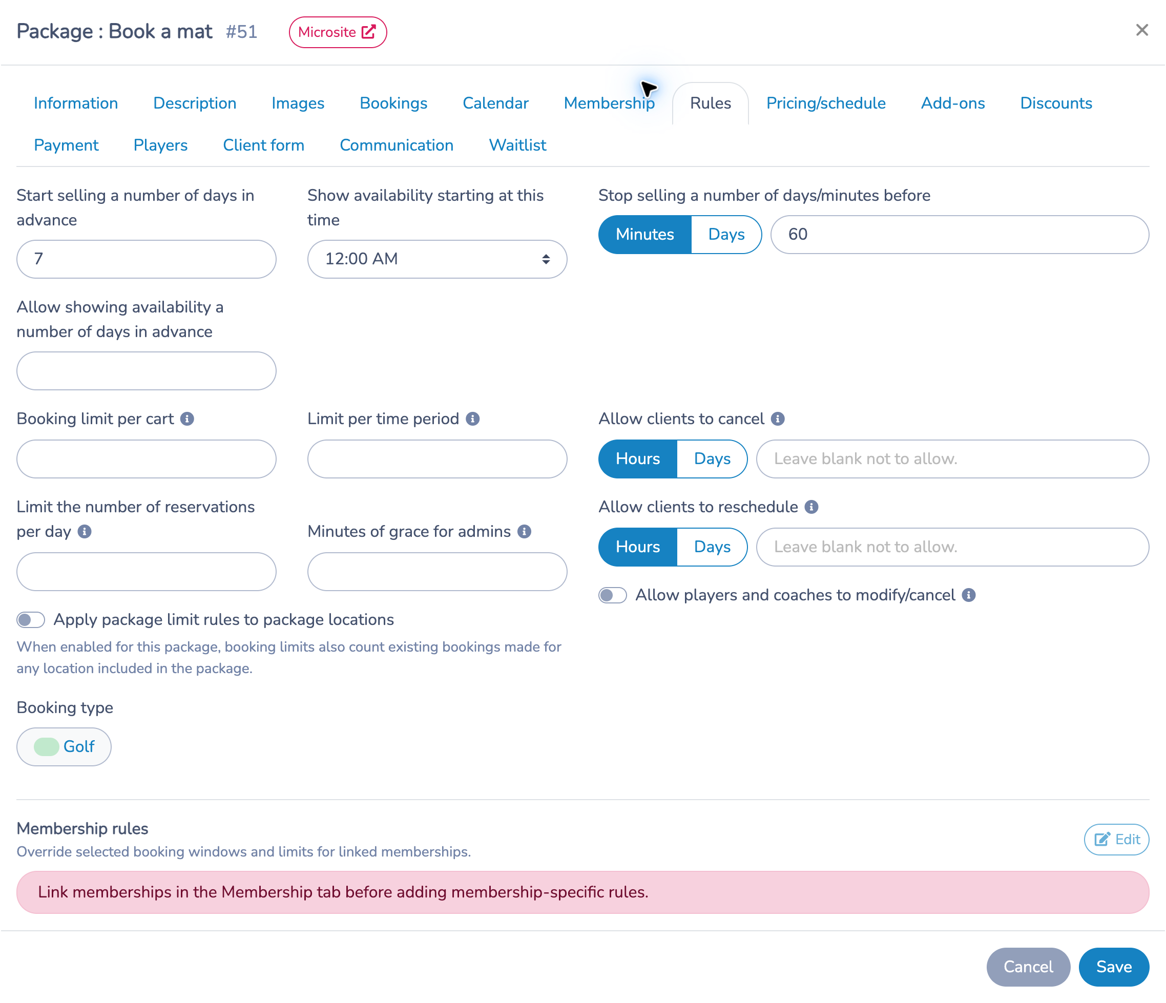 Rules tab showing the seven-day booking window, 60-minute sales cutoff, limits and cancellation settings