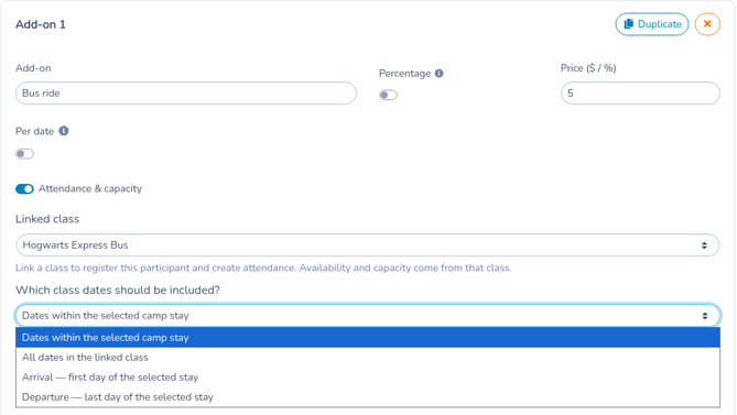 Which class dates should be included? open on Dates within the selected camp stay, All dates in the linked class, Arrival — first day of the selected stay, and Departure — last day of the selected stay