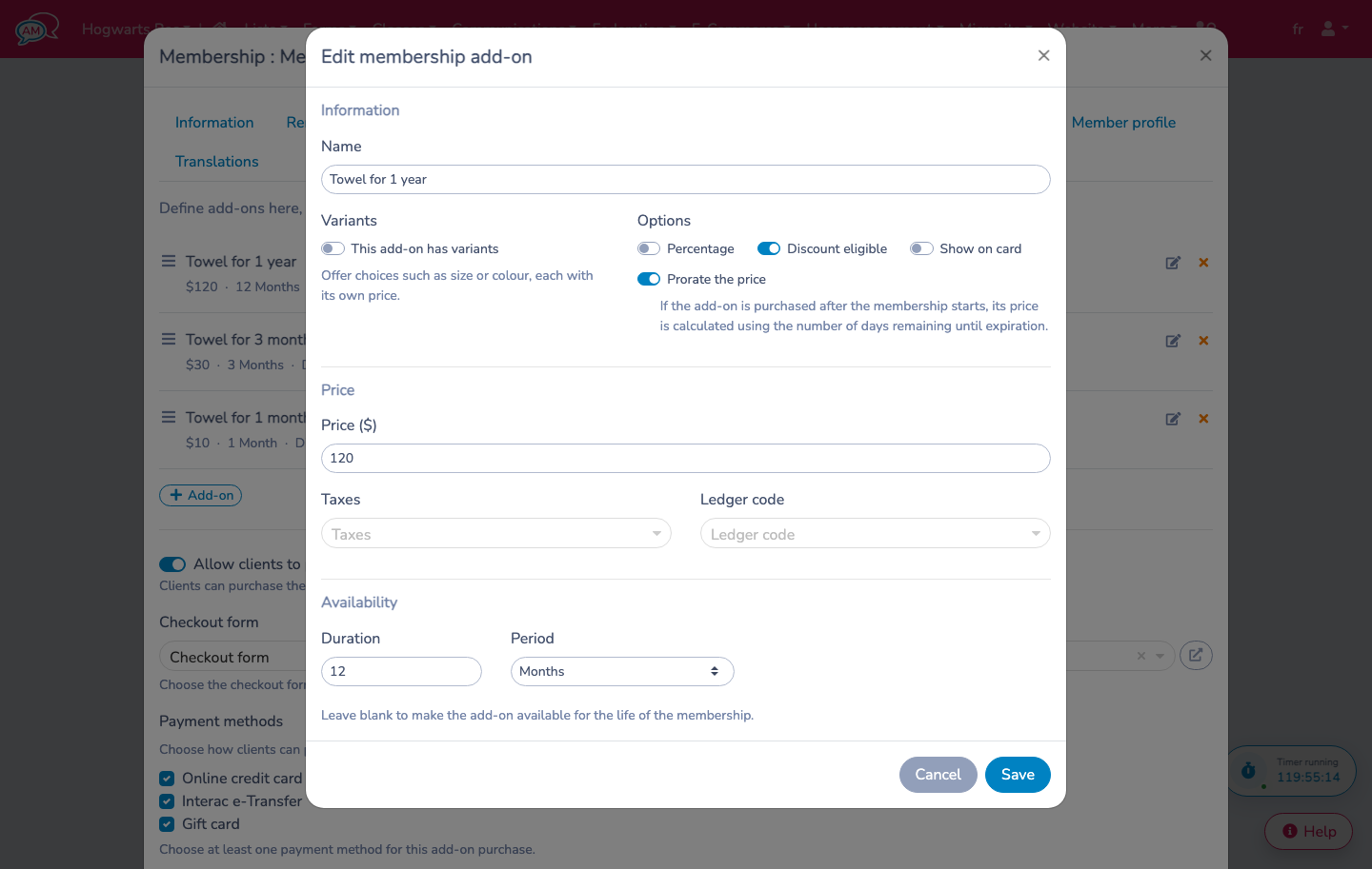 Configure a membership add-on and its prorated-price option