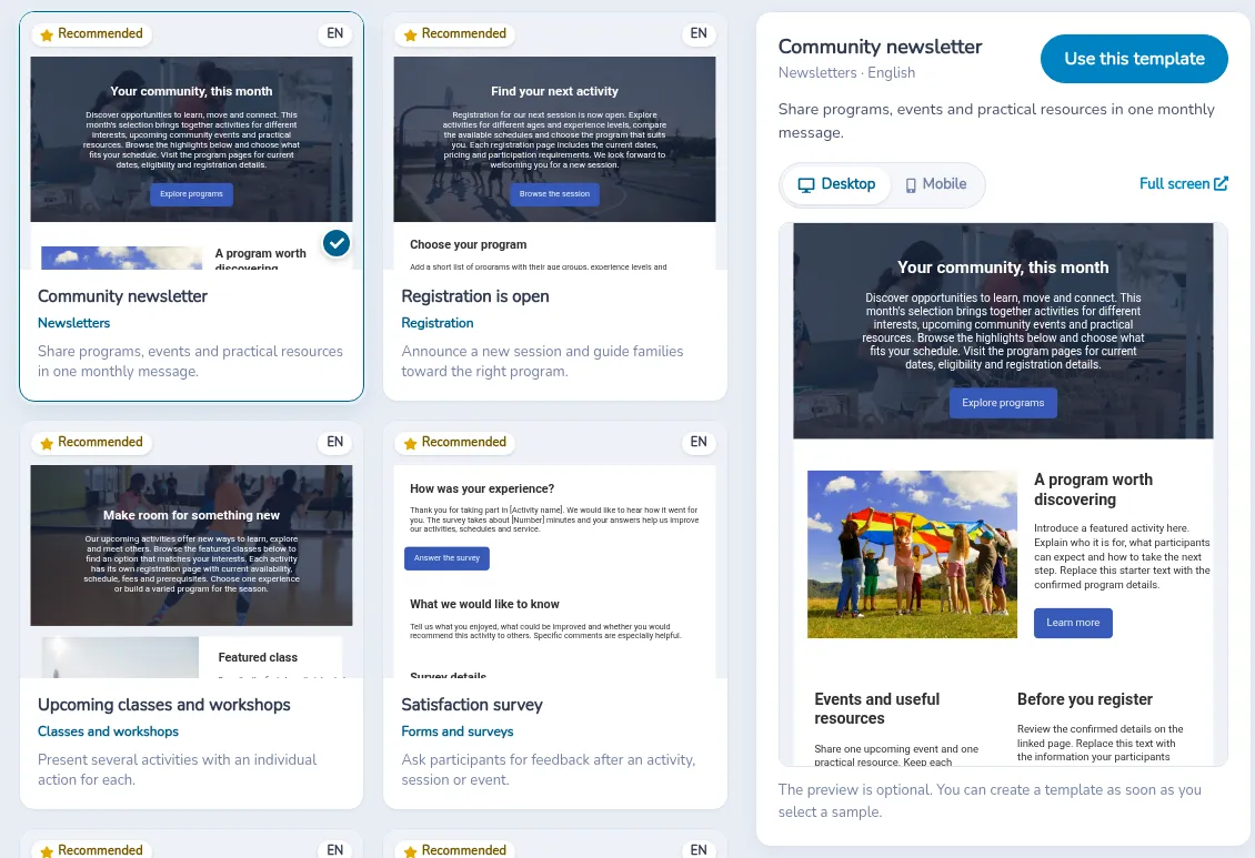 Preview of Community newsletter, with Use this template and the Desktop view