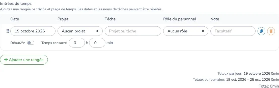 Rangée de feuille de temps avec date, projet, tâche, rôle et temps consacré