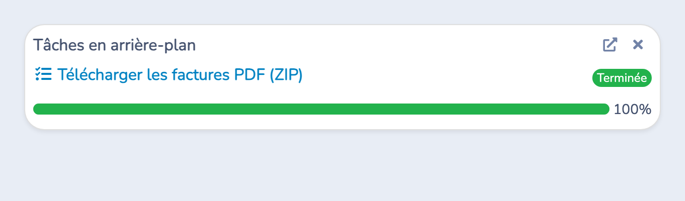 Une tâche d’export de factures terminée à 100 pour cent, dont le titre permet de télécharger le ZIP