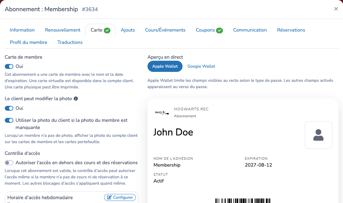 Prévisualiser une carte sans expiration et configurer le comportement d'accès