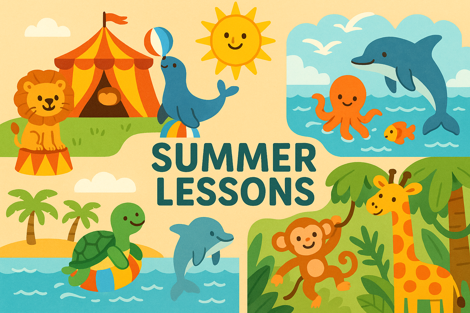 Summer Sun, Circus, Ocean Animals, Jungle, With Text " Summer Lessons"
