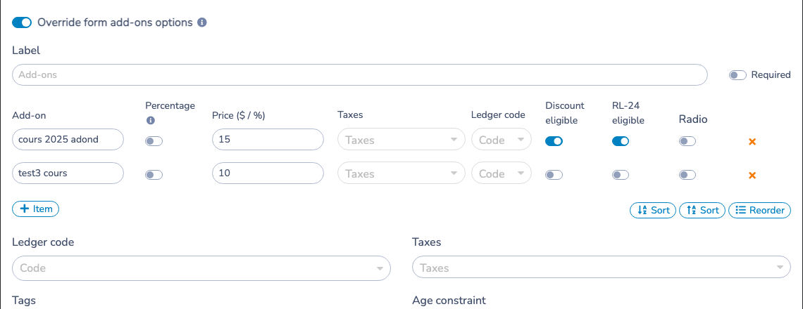 Class settings overriding the form add-ons, with an RL-24 eligible switch for each add-on