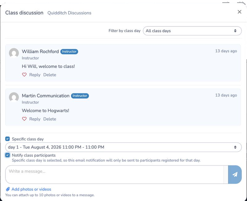 Target a specific class day and notify only its registered participants