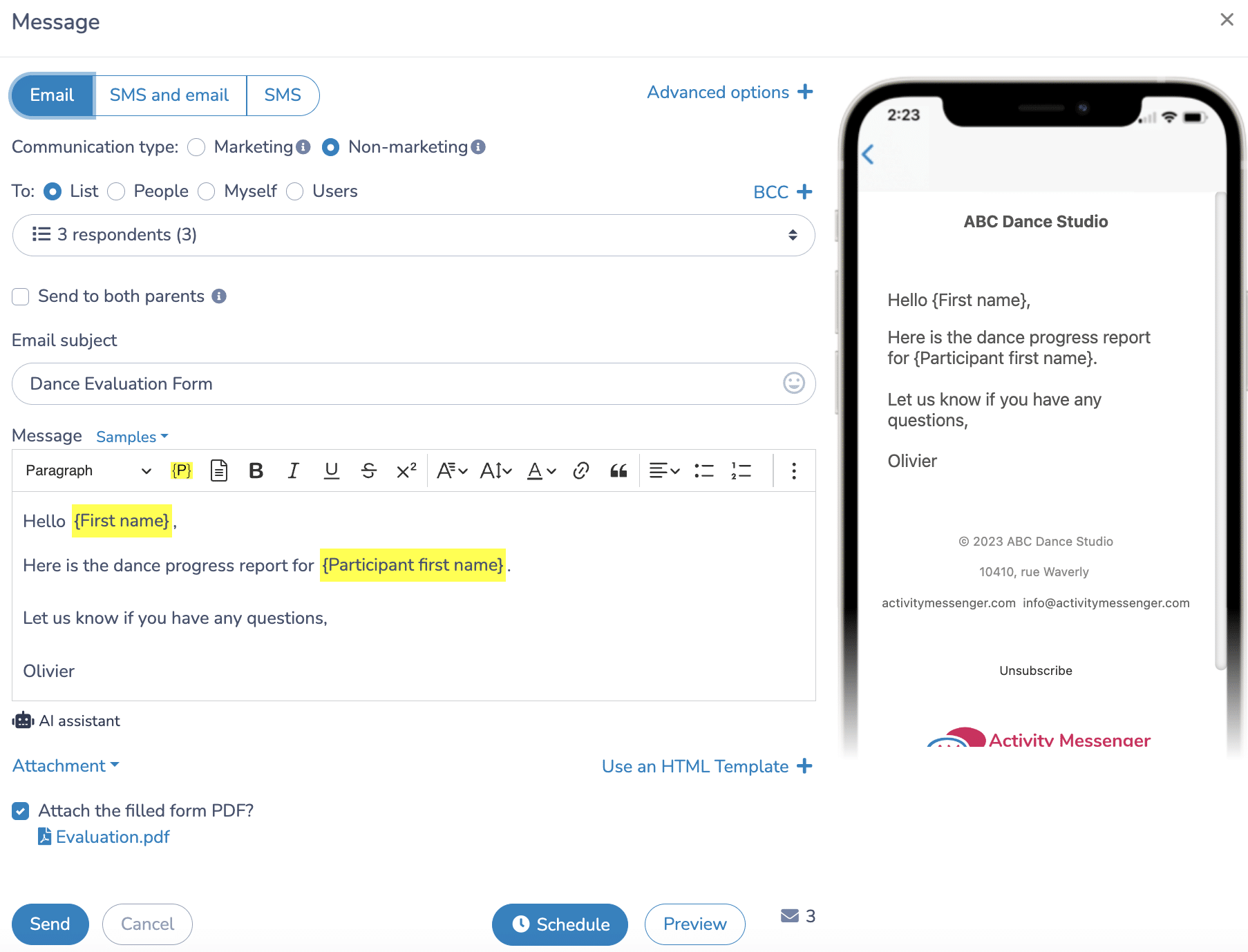 Send dance progress report using Email/SMS