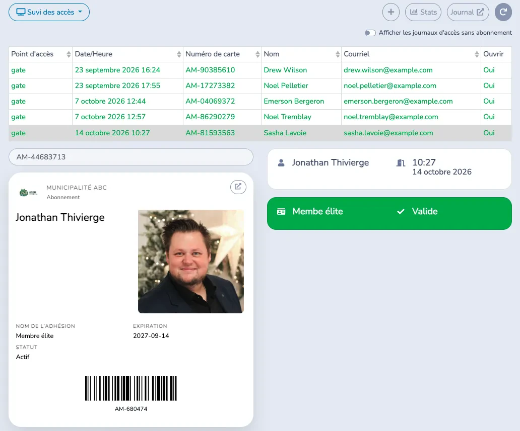 Suivi des accès avec les accès récents, une carte d’abonnement et un accès valide